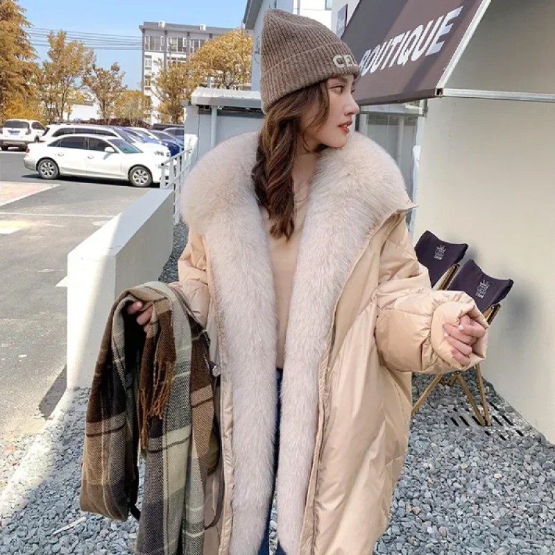 Women's Oversized Winter Coat with Large Fox Fur C...